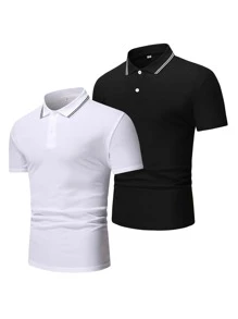 Manfinity Homme Men 2pcs Contrast Trim Polo Shirt - Black and White - View 1