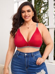 Plus Size Casual Red Plain Fabric Medium Stretch Bra With Cup Detail - Red - View 1