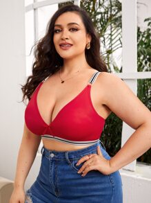 Plus Size Casual Red Plain Fabric Medium Stretch Bra With Cup Detail - Red - View 3