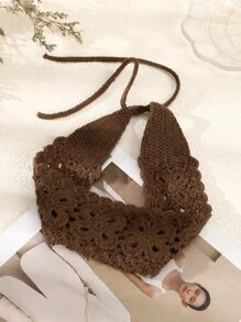 纯色针织发带，适合女孩日常发型休闲波西米亚风头巾头带头巾头带吸汗带，学校用品，学院，头带秋冬发饰，适合女士度假装扮，女士优雅围巾 - 棕色 - 查看 2