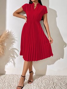 Chiquease Pleated Hem Notched Neckline A-line Dress - Red - View 1