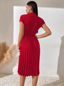 Chiquease Pleated Hem Notched Neckline A-line Dress - Red - View 2