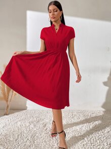 Chiquease Pleated Hem Notched Neckline A-line Dress - Red - View 4