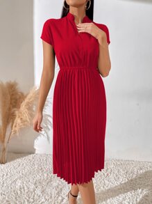 Chiquease Pleated Hem Notched Neckline A-line Dress - Red - View 5