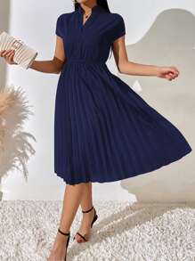 Breezaya Pleated Hem Notched Neckline A-Line Dress Maxi Women Outfit - Navy Blue - View 5