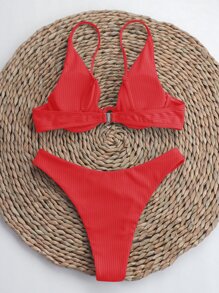Solid Cut-Out Underwire High Cut Bikini - Red - View 3