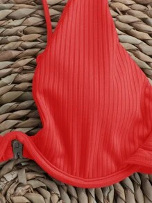 Solid Cut-Out Underwire High Cut Bikini - Red - View 5