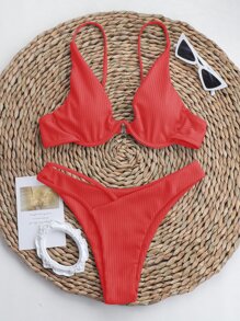 Solid Cut-Out Underwire High Cut Bikini - Red - View 6
