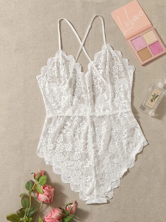 Plus Floral Lace Scallop Trim Teddy Bodysuit