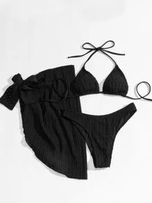 SHEIN Swim 3件套實色露背微三角形比基尼和沙灘裙 - 黑色 - 查看 3