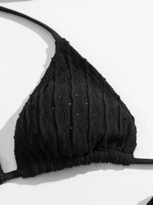 SHEIN Swim 3件套實色露背微三角形比基尼和沙灘裙 - 黑色 - 查看 4