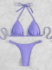 Conjunto de bikini de triángulo con escote de halter liso, para verano y vacaciones en la playa - Lila Púrpura - Ver 5