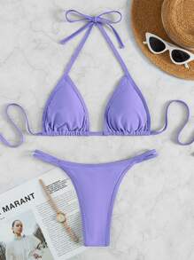 Conjunto de bikini de triángulo con escote de halter liso, para verano y vacaciones en la playa - Lila Púrpura - Ver 6