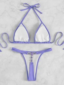 Conjunto de bikini de triángulo con escote de halter liso, para verano y vacaciones en la playa - Lila Púrpura - Ver 2