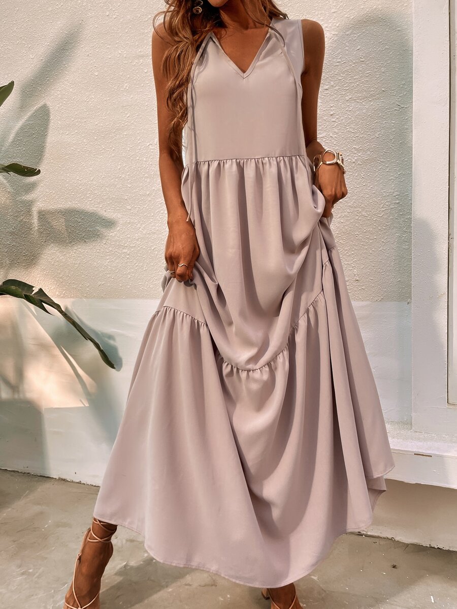 SHEIN Unity Váy xếp nếp buộc phía trước - Màu be - Xem 1
