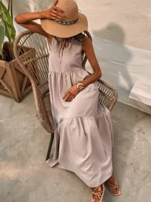 SHEIN Unity Váy xếp nếp buộc phía trước - Màu be - Xem 3