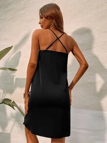 Đầm Tương phản ren Hội Chữ thập màu trơn Thanh lịch - màu đen - Xem 2