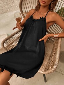 Đầm Tương phản ren Hội Chữ thập màu trơn Thanh lịch - màu đen - Xem 3