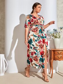 Mulvari Plus Floral Print Twist Front Dress - Beige - View 2