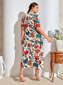 Mulvari Plus Floral Print Twist Front Dress - Beige - View 3