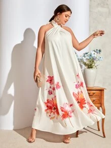 SHEIN Plus Floral Print Tie Backless Halter Dress - White - View 2