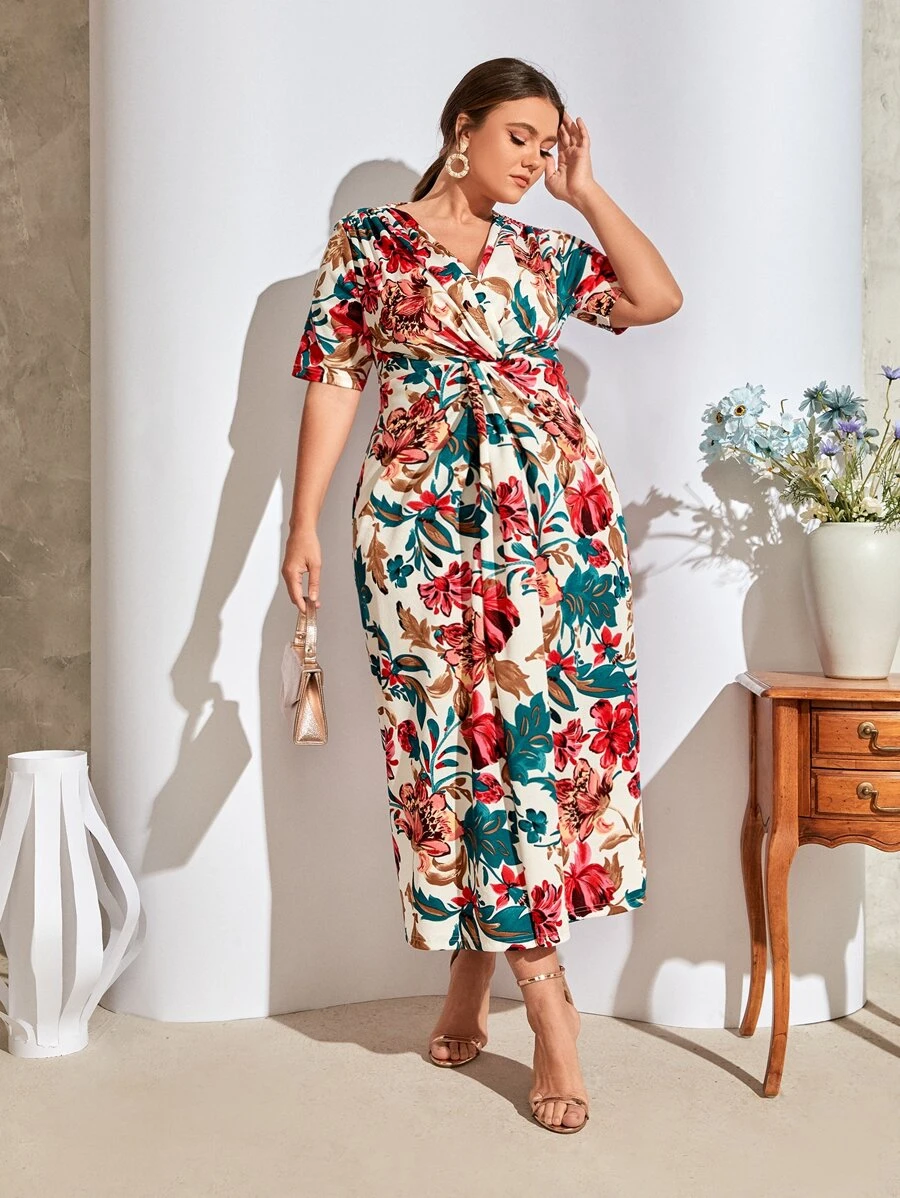 Mulvari Plus Floral Print Twist Front Dress - Beige - View 1