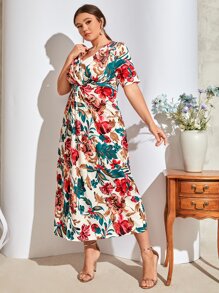 Mulvari Plus Floral Print Twist Front Dress - Beige - View 4