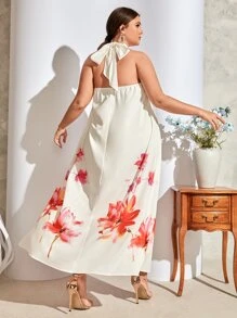 SHEIN Plus Floral Print Tie Backless Halter Dress - White - View 3