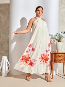 SHEIN Plus Floral Print Tie Backless Halter Dress - White - View 4
