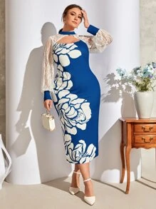 Mulvari Plus Floral Print Cut Out Contrast Lace Lantern Sleeve Split Back Dress - Blue and White - View 1