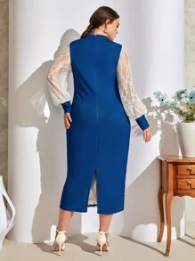 Mulvari Plus Floral Print Cut Out Contrast Lace Lantern Sleeve Split Back Dress - Blue and White - View 2