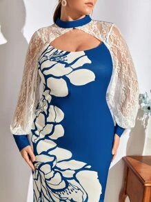 Mulvari Plus Floral Print Cut Out Contrast Lace Lantern Sleeve Split Back Dress - Blue and White - View 4