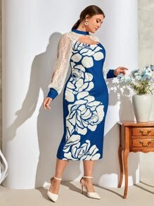 Mulvari Plus Floral Print Cut Out Contrast Lace Lantern Sleeve Split Back Dress - Blue and White - View 5