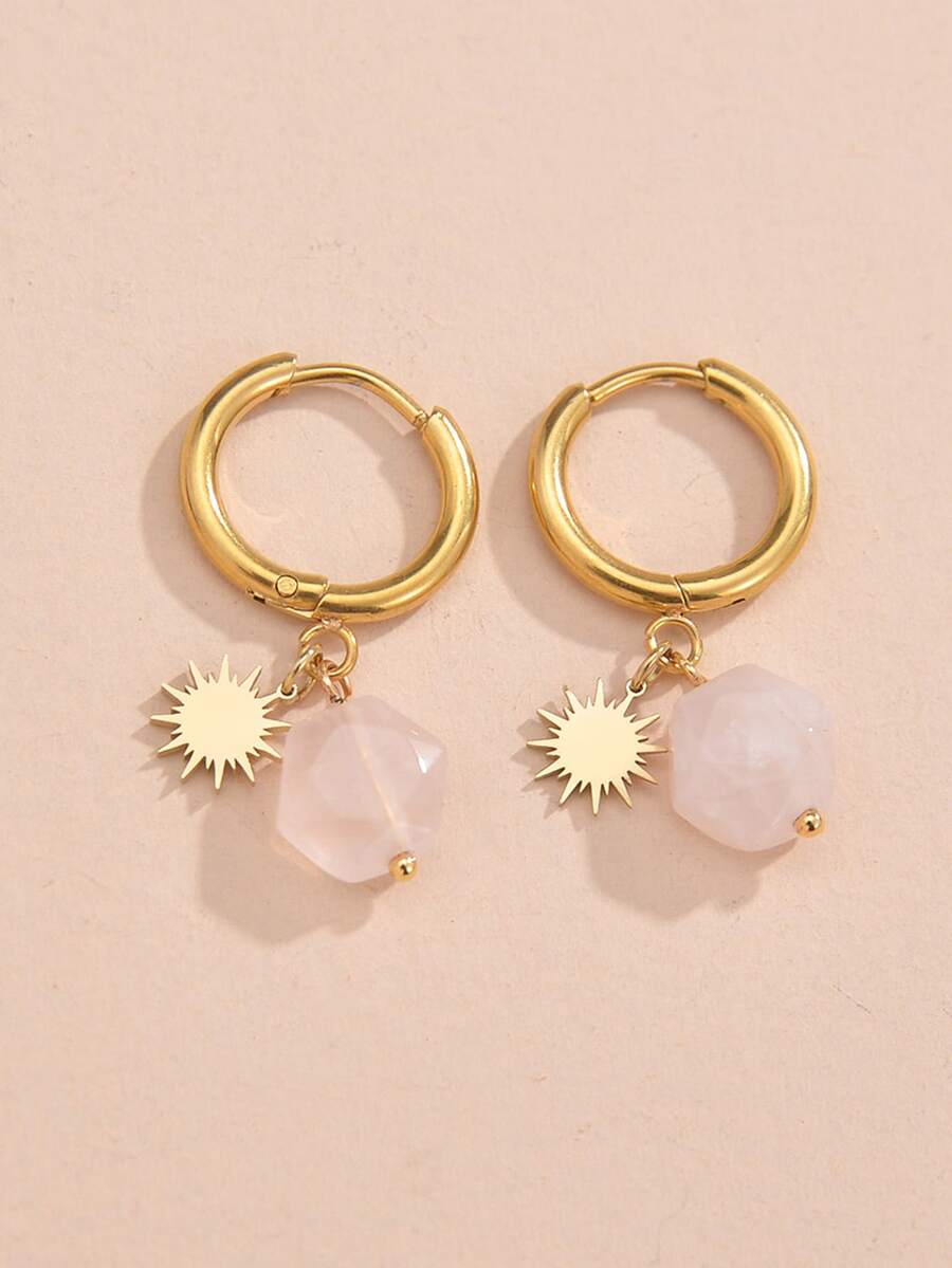 釘珠和太陽裝飾耳墜 - 金黃色 - 查看 1