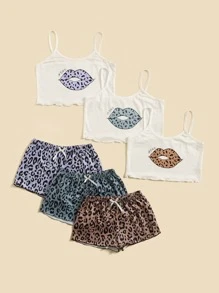 女孩3組豹紋和嘴唇印花睡衣套裝 - 彩色 - 查看 1