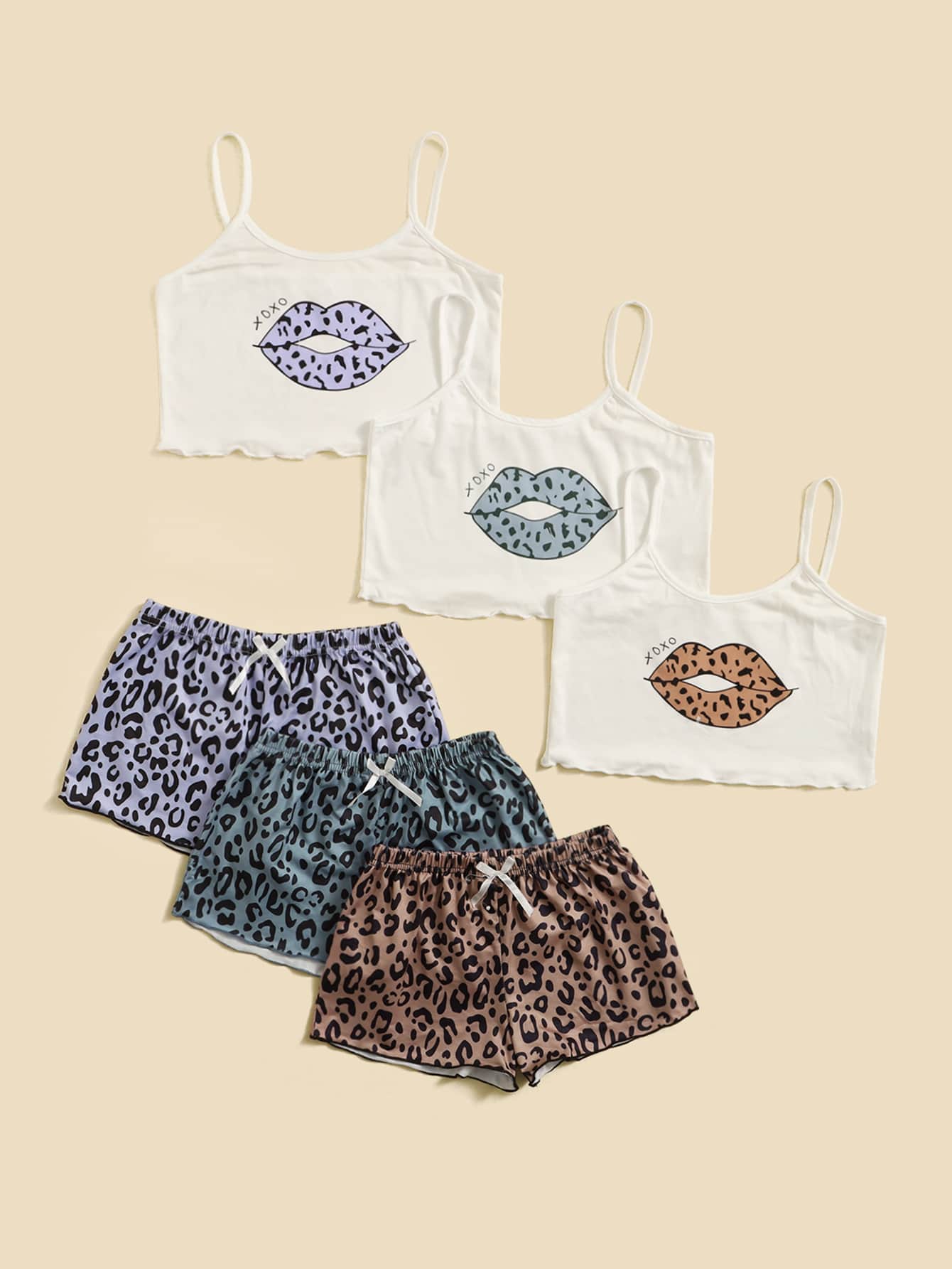 女孩3組豹紋和嘴唇印花睡衣套裝 - 彩色 - 查看 1