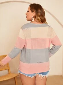 SHEIN Plus Colour Block Pointelle Knit Jumper - Multicolor - View 2