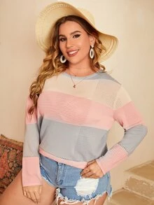 SHEIN Plus Colour Block Pointelle Knit Jumper - Multicolor - View 5