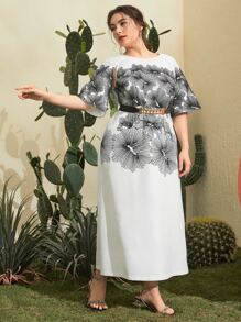 Mulvari Vestido con cinturón con estampado floral de manga raglán - Blanco - Ver 3