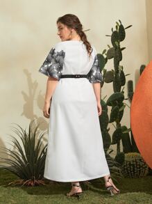 Mulvari Vestido con cinturón con estampado floral de manga raglán - Blanco - Ver 2
