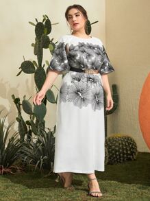 Mulvari Vestido con cinturón con estampado floral de manga raglán - Blanco - Ver 1