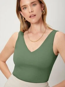 SHEIN 粘膠纖維修身背心上衣 - 綠色 - 查看 1