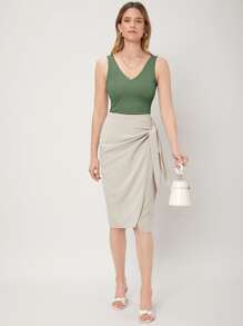 SHEIN 粘膠纖維修身背心上衣 - 綠色 - 查看 3