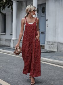 Breezaya Áo liền quần nữ Thắt nút Túi Chấm bi Boho - Đỏ - Xem 1