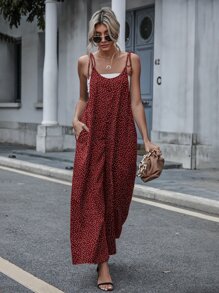 Breezaya Áo liền quần nữ Thắt nút Túi Chấm bi Boho - Đỏ - Xem 4