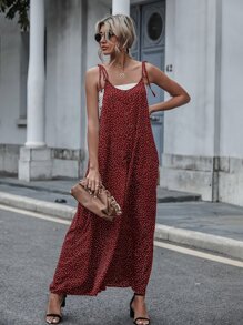 Breezaya Áo liền quần nữ Thắt nút Túi Chấm bi Boho - Đỏ - Xem 5