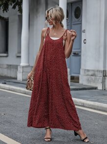 Breezaya Áo liền quần nữ Thắt nút Túi Chấm bi Boho - Đỏ - Xem 6