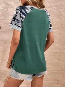 Camo Print Striped Trim Raglan Sleeve Tee - Green - View 2
