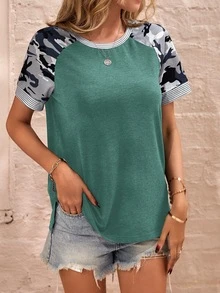 Camo Print Striped Trim Raglan Sleeve Tee - Green - View 4