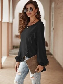 SHEIN LUNE Ruffle Trim Wrap Front Lantern Sleeve Blouse - Black - View 3